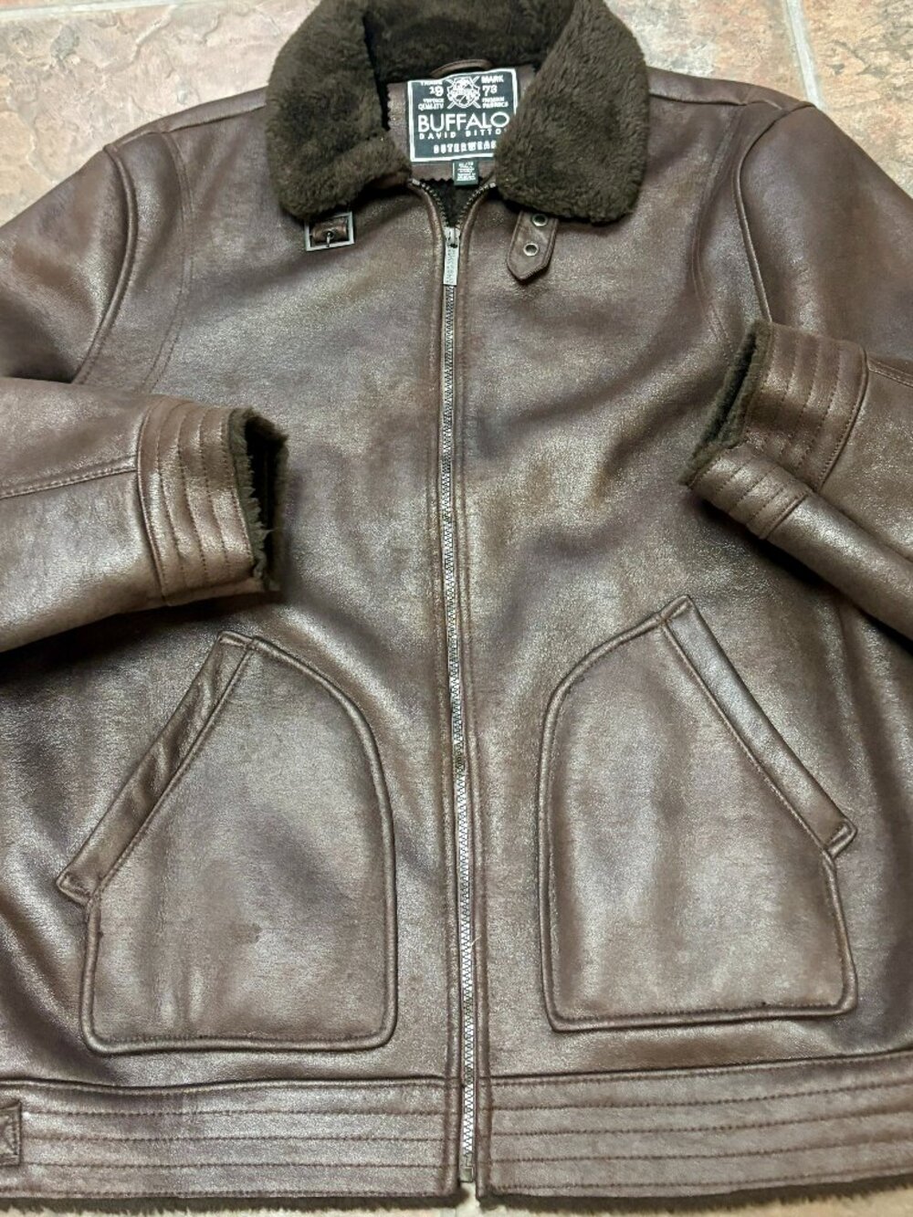 Buffalo David Bitton Mens XL Faux Shearling Aviator Bomber Jacket Brown Zip.VGUC